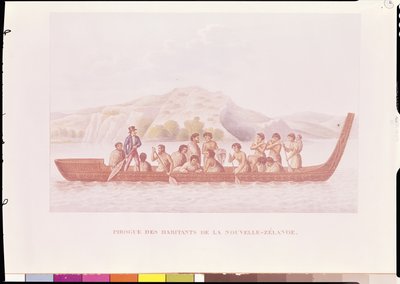 Pirogue pilotée par des indigènes de Nouvelle-Zélande, illustration de 